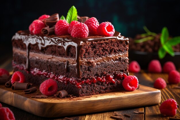 Angolo alto di torta di cioccolato sul tavolino da taglio con frutta