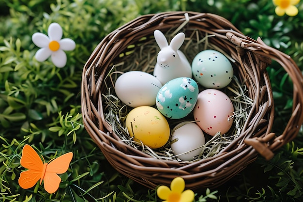 Angolo alto di uova di Pasqua nel cesto con il coniglietto