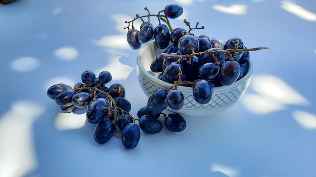 Angolo alto, uva viola in ciotola con gambo isolato su sfondo bianco e ombra 02