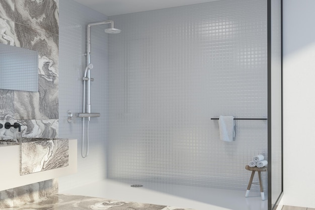 Angolo bagno in marmo bianco con lavabo in piedi su un lungo ripiano bianco e marmo con un lungo specchio orizzontale sospeso sopra di esso. Una doccia. Rendering 3d mock up