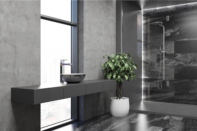 Angolo bagno moderno con pareti grigie, un'unità vanità lavandino e una cabina doccia. rendering 3d, mock up