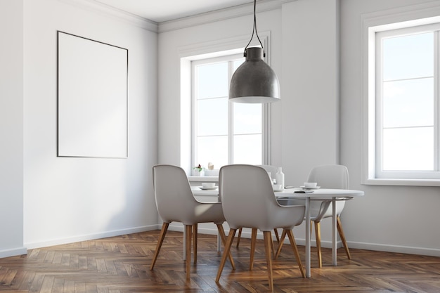 Angolo bianco della sala da pranzo con pavimento in legno, tavolo bianco con sedie e sopra un poster verticale incorniciato. Rendering 3d mock up