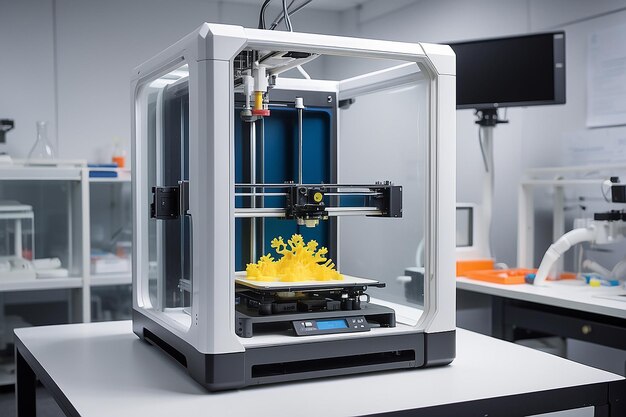 Angolo di laboratorio di modellazione avanzata con stampante 3D in azione