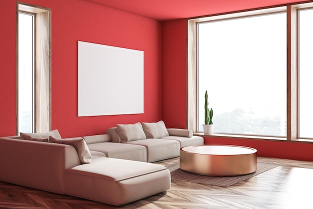 Angolo di un ampio soggiorno con pareti rosse, pavimento in legno, lungo divano bianco in piedi vicino a un tavolino rotondo e una grande finestra. Manifesto orizzontale. Rendering 3d mock up