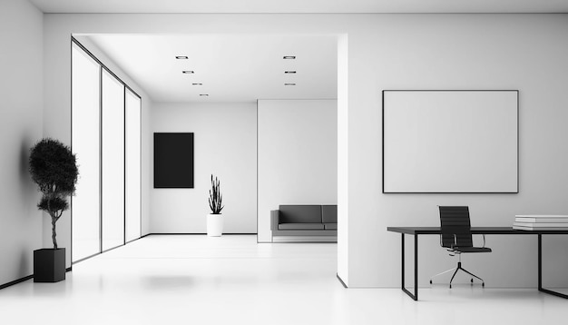 Angolo ufficio open space bianco con parete simulata IA generativa