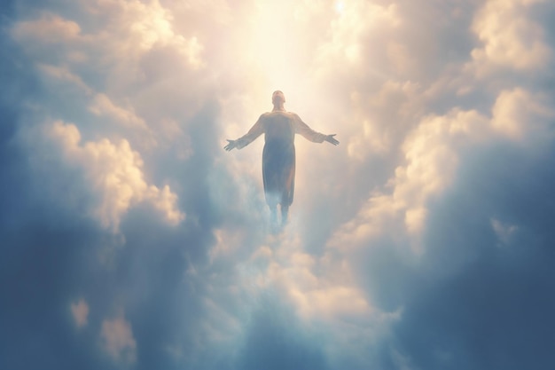 Anima Ascensione Fantasma di un uomo portato in cielo Meditazione dell'aldilà e concetto di sogno AI generativa