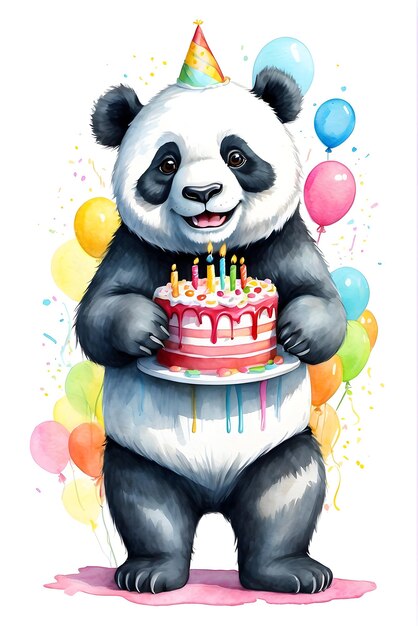 Animal d'acquarello Panda con torta di compleanno Animal carino con torta Celebrazione di compleanno animale