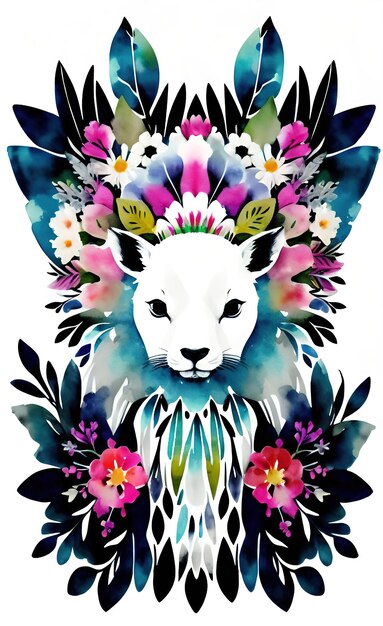 animale con fiori e foglie illustrazione dell'acquerello