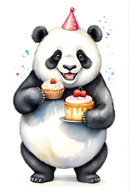 Animale d'acquarello panda con torta di compleanno Animale carino con torta Celebrazione di compleanno animale