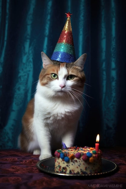 Animale domestico che indossa un cappello da festa accanto a una torta di compleanno creata con l'IA generativa