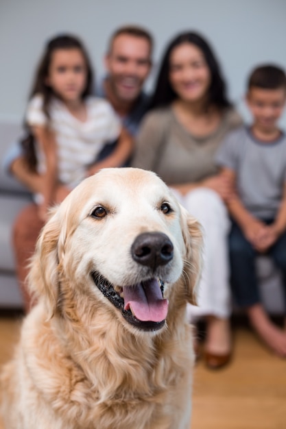 Animale domestico in soggiorno e famiglia seduto sul divano