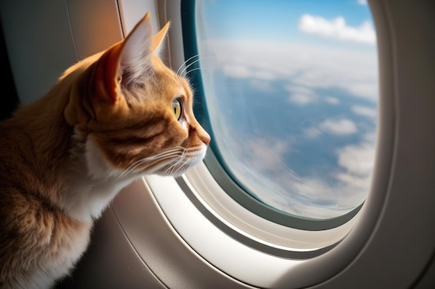 animale domestico in viaggio gatto seduto al finestrino dell'aereo Primo piano di intelligenza artificiale generativa