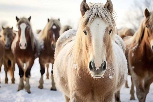Animale natura cavalli marroni inverno equini selvatici fattoria di bellezza