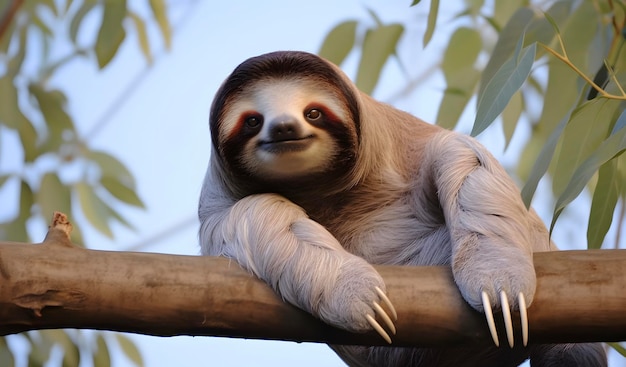 Animale pigro sorridente sdraiato sul ramo di un albero nella giungla