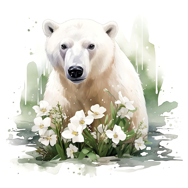 Animale selvatico dell'orso polare dell'acquerello circondato da Snowdrop Flo su sfondo bianco arte digitale