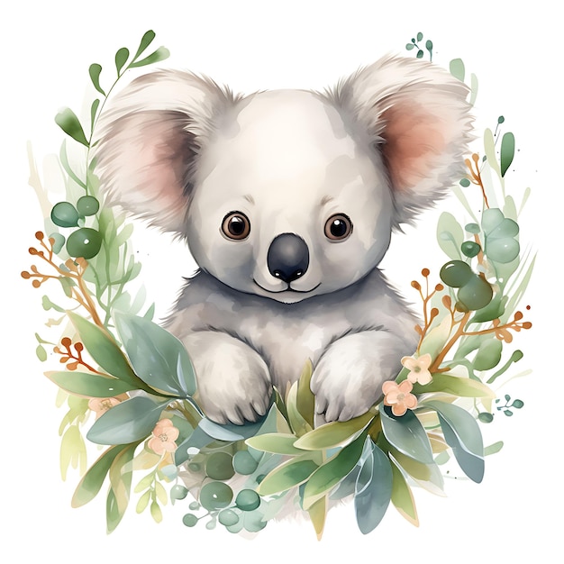 Animale selvatico Koala dell'acquerello circondato da fiori di gomma porta su sfondo bianco arte digitale