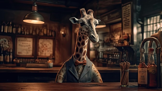 Animali che bevono al bar Mr Long Neck nei panni del barista