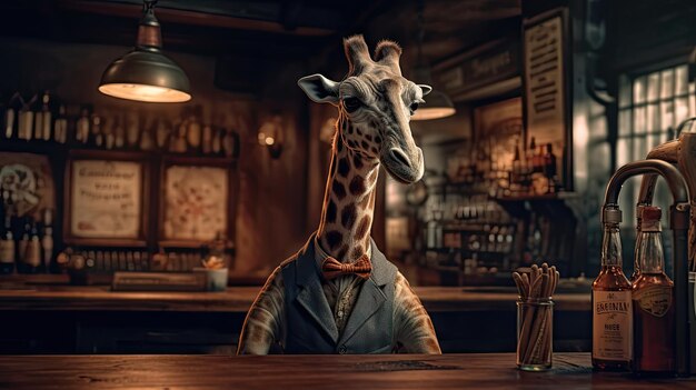 Animali che bevono al bar Mr Long Neck nei panni del barista