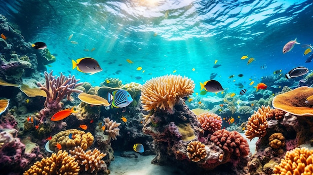 Animali del mondo marino sottomarino Ecosistema Pesci tropicali colorati su una barriera corallina Illustrazione dell'IA generativa
