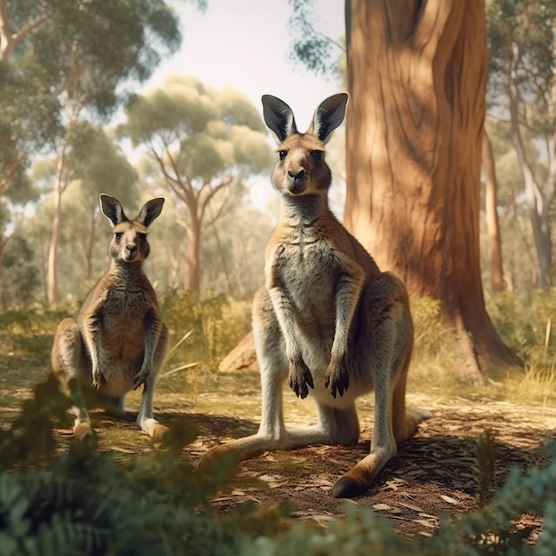 Animali di canguro in piedi coppia cespuglio guardando immagini Generative AI