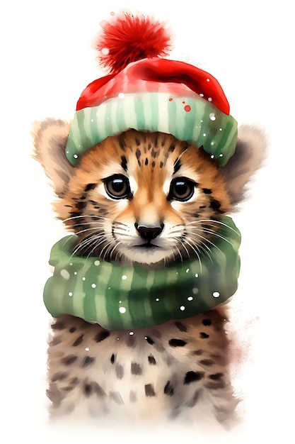 Animali di Natale in cappelli ad acquerello tra fondali Noel Stravagante sfondo di neve carino arte digitale