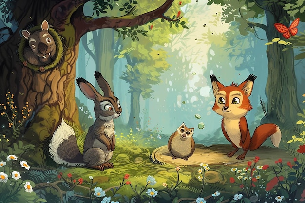 Animali disegnati a mano del bosco acquerello di personaggi di cartoni animati sull'illustrazione della foresta