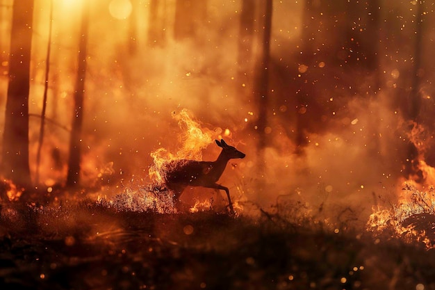 Animali in fiamme che cercano di uscire da un incendio forestale