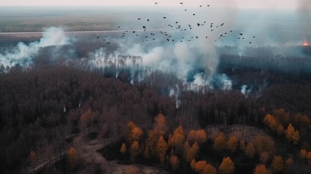 Animali selvatici spaventati corrono incendi boschivi sfondo vista dall'alto catastrofe ecologica generata dall'IA