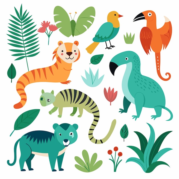animals Big set of characters as reptiles birds fish and mammals Exotic flamingo giraffes elephant