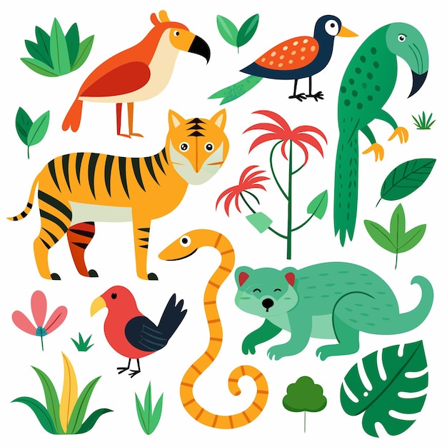 animals Big set of characters as reptiles birds fish and mammals Exotic flamingo giraffes elephant