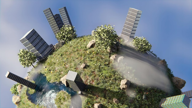 Animazione 3D del pianeta terra rotante con edifici sparsi in aree naturali verdi invasione umana sul concetto di natura