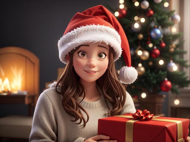 Animazione 3D gratuita Ragazza espressiva con un regalo di Natale AI generativa