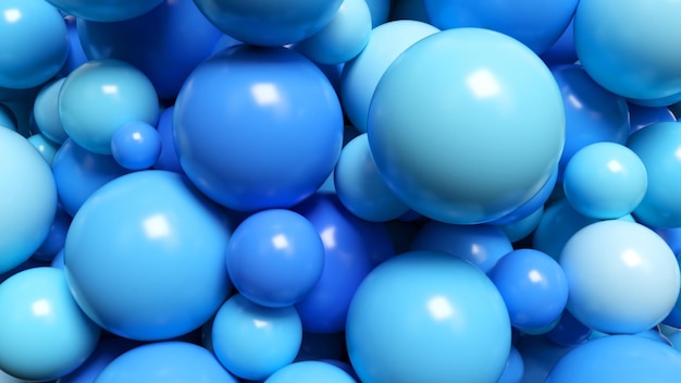 Animazione 3D luccicante di sfere blu raggruppate di dimensioni variabili che trasudano una consistenza fresca, liscia e lucida