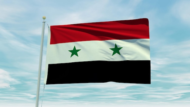 Animazione a ciclo continuo della bandiera Siria su sfondo blu cielo. Illustrazione 3D