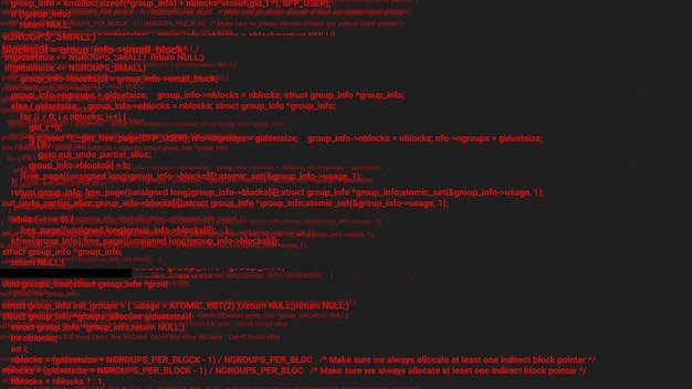 Animazione del concetto di hacker di codifica schermo rosso con errore di digitazione del codice di programmazione difettoso