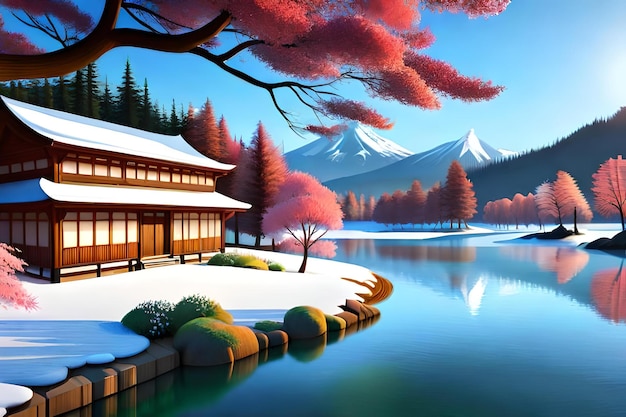 Animazione giapponese paesaggio 3D con belle sfumature naturali
