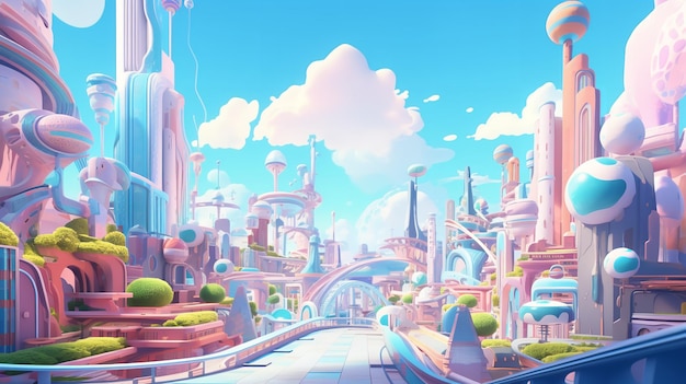 Animazione in stile cartoon dai colori pastello che raffigura una città futura. Ai generativi.