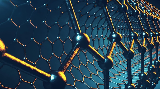 Animazione loopable della nanostruttura dell'atomo di grafene. Nanotubo a forma di nido d'ape. Concetto Nanotecnologie e scienze. Animazione 4K 3D