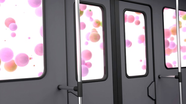 Animazione surreale di palloncini che volano dietro le finestre dei trasporti pubblici vista dal bus su