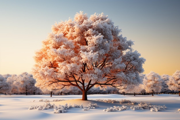 animazione visiva Un albero innevato con fiocchi di neve svolazzanti su uno sfondo bianco oscilla nel w