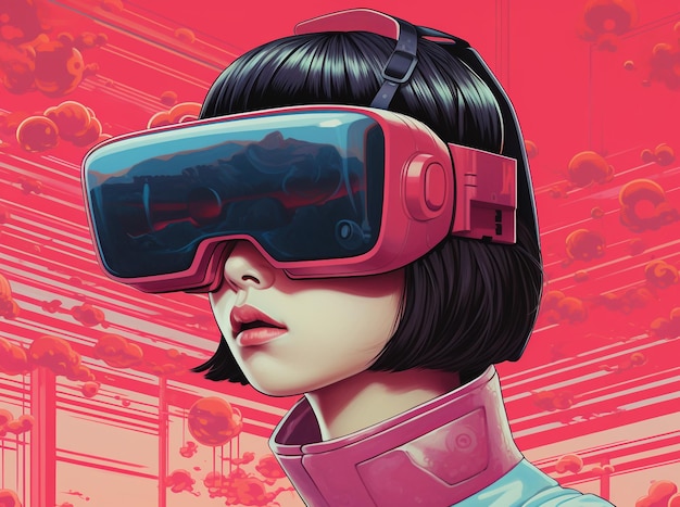 Anime bella ragazza con occhiali di realtà virtuale nello stile di illustrazioni ultraterrene