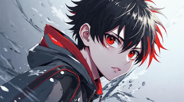Anime Boy with Red Eyes and Black Hair