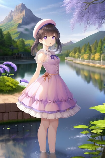 Anime carino kawaii ragazza carattere immagine carta da parati illustrazione sfondo alba tramonto giovane donna