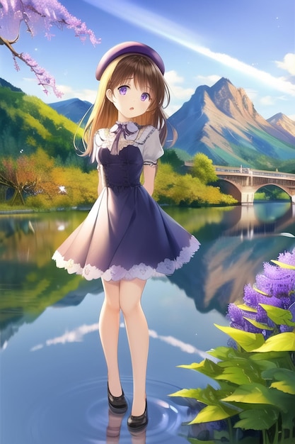 Anime carino kawaii ragazza carattere immagine carta da parati illustrazione sfondo alba tramonto giovane donna