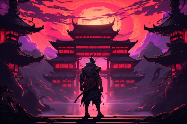 anime cartoon neon Un samurai si trova di fronte a un tempio giapponese