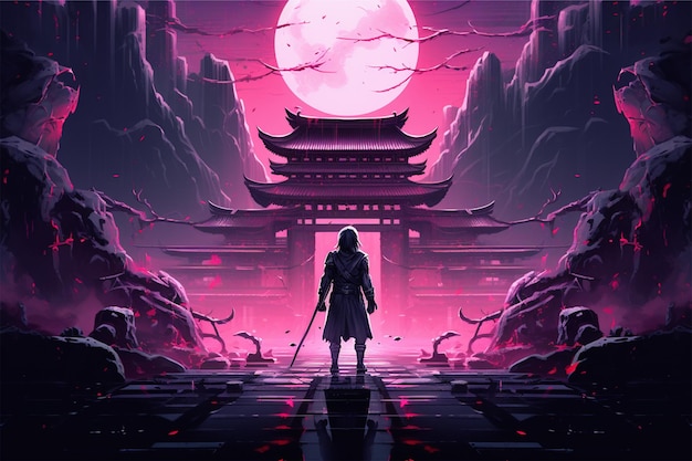 anime cartoon neon Un samurai si trova di fronte a un tempio giapponese