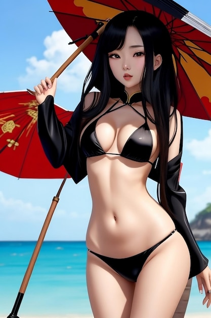 Anime con bikini in spiaggia che ti guarda