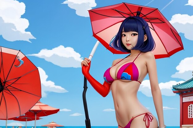 Anime con bikini in spiaggia che ti guarda