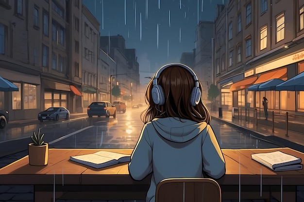 Anime in stile cartone animato manga ragazza carina che ascolta musica lofi con le cuffie