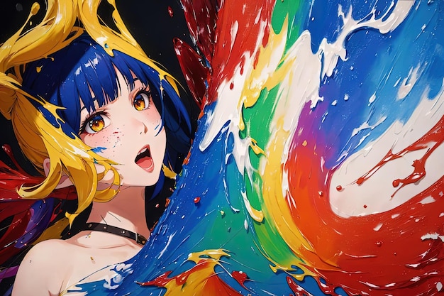 Anime manga girl in un arcobaleno di colori vortice illustrazione generativa ai